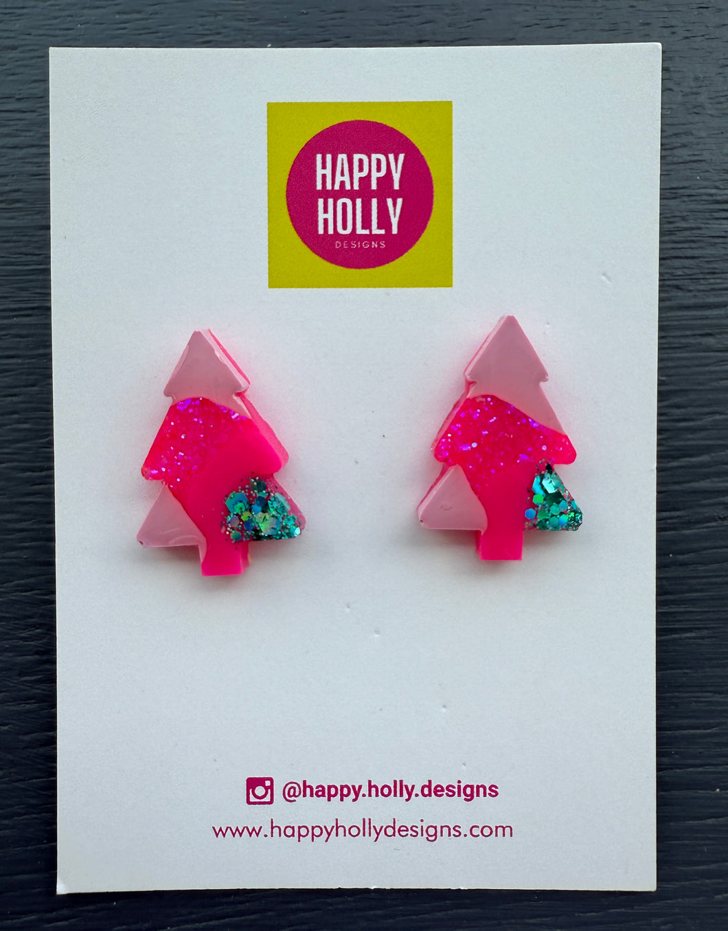 Christmas tree stud earrings - hot pink/pale pink/aqua glitter