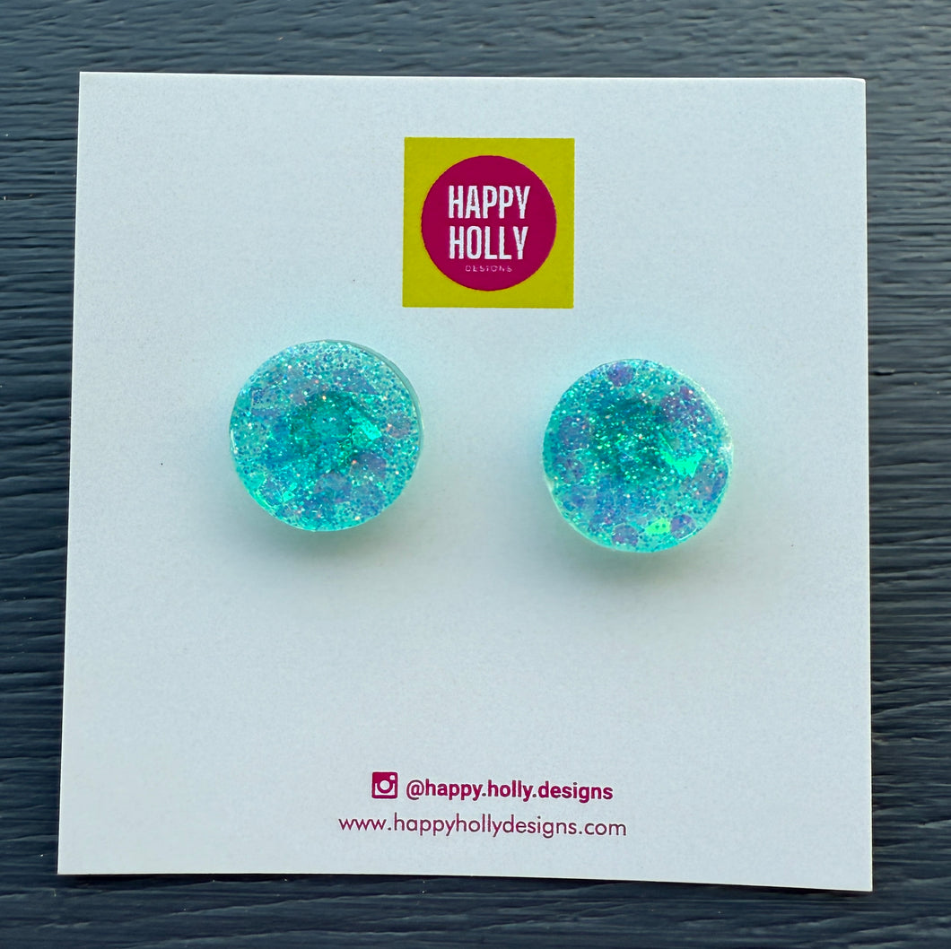 Round earrings 15mm - ice blue glitter