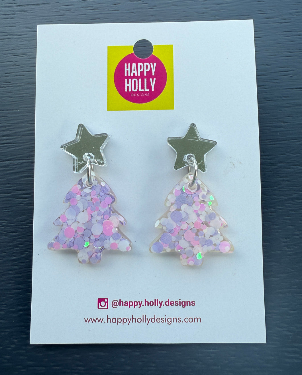 Christmas tree dangle earrings -pastel pink/lilac/white glitter tree