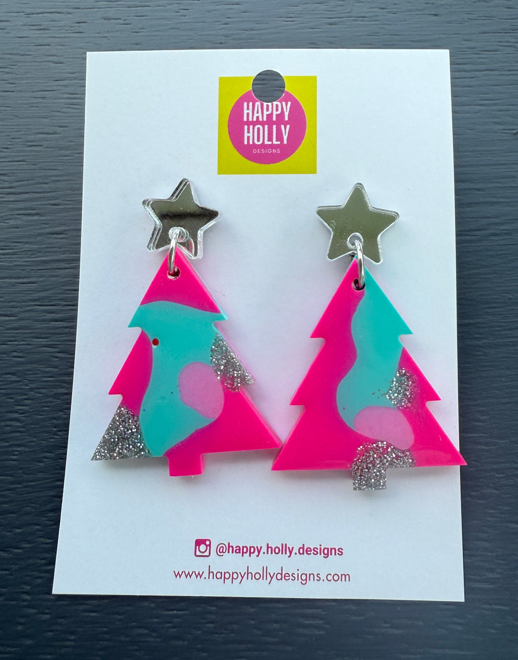 Christmas tree dangle earrings - hot pink/aqua/silver tree