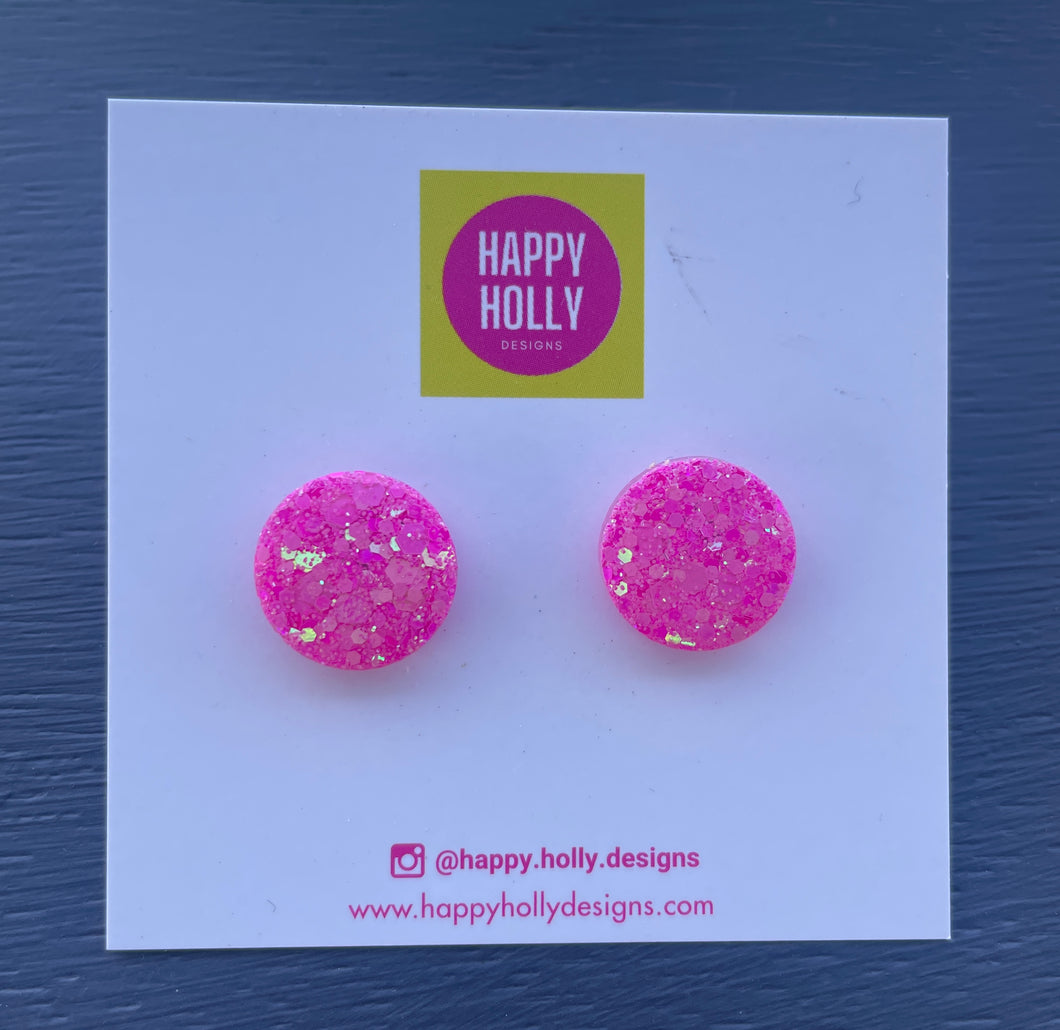 Round earrings 15mm - pink glitter