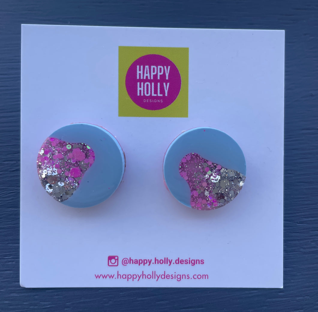 Round earrings 20mm - baby blue /pink & silver glitter