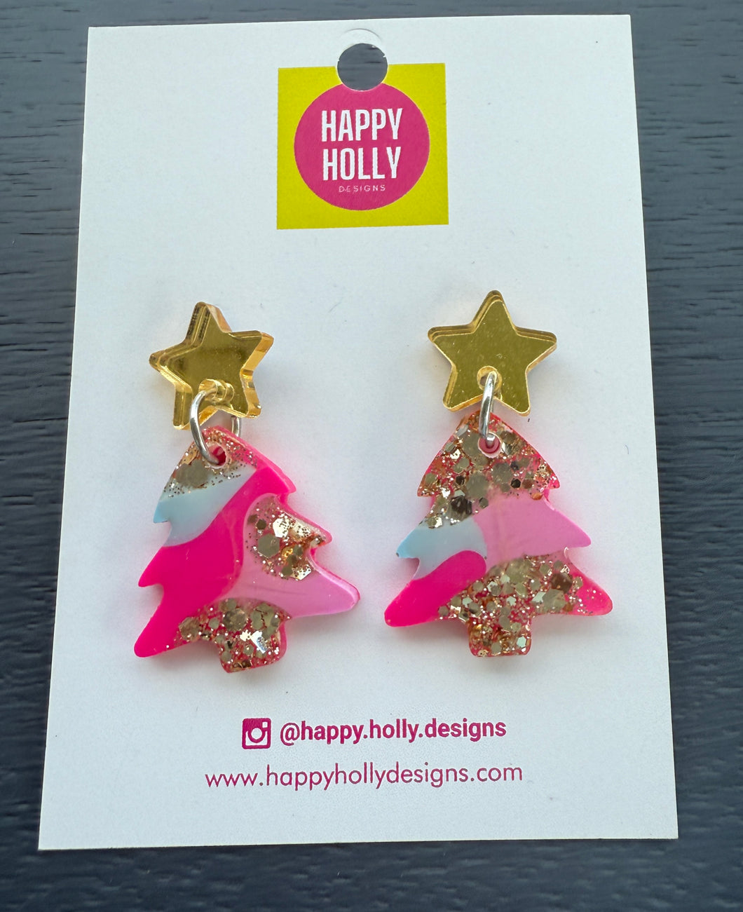 Christmas tree dangle earrings -pink/gold/pale blue glitter tree