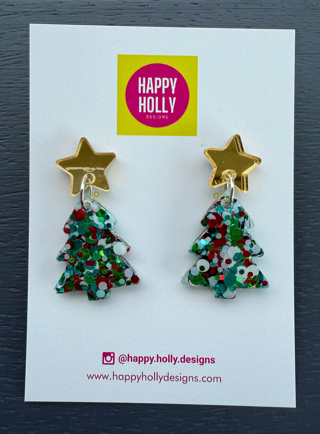 Christmas tree dangle earrings - red/green/blue/white tree