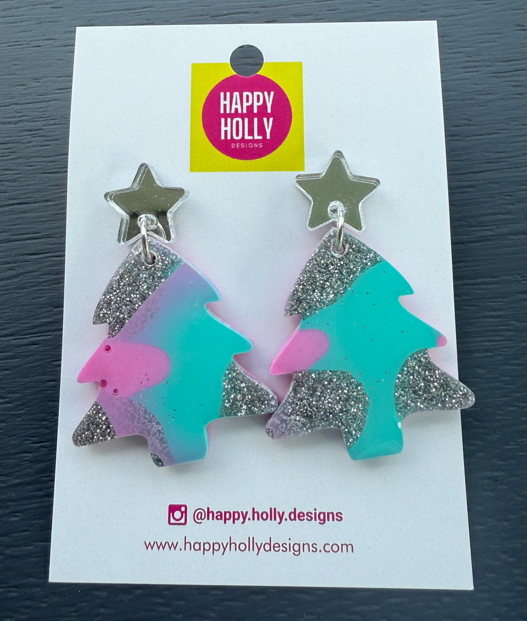 Christmas tree dangle earrings - silver/pink/aqua tree