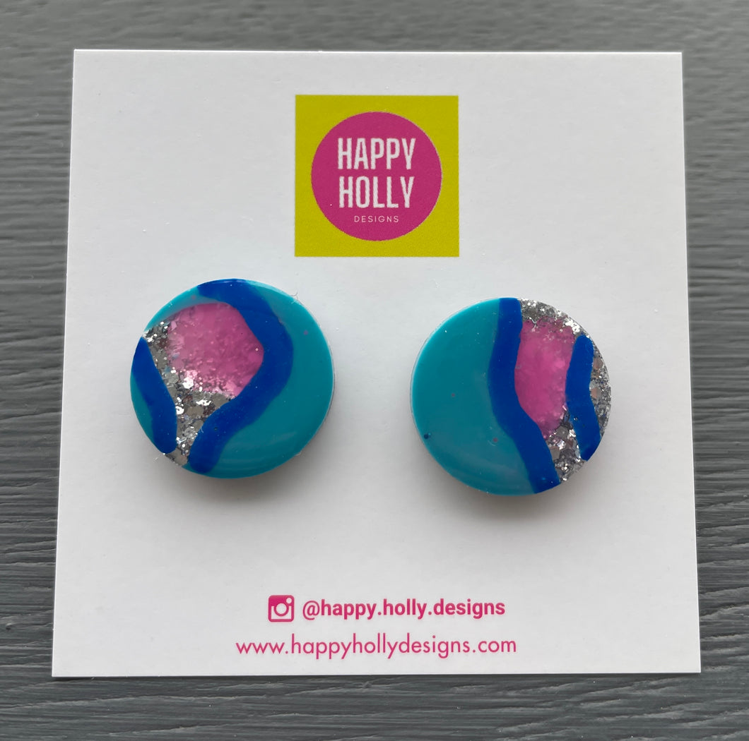 Round earrings 20mm - pink,aqua,blue & silver glitter