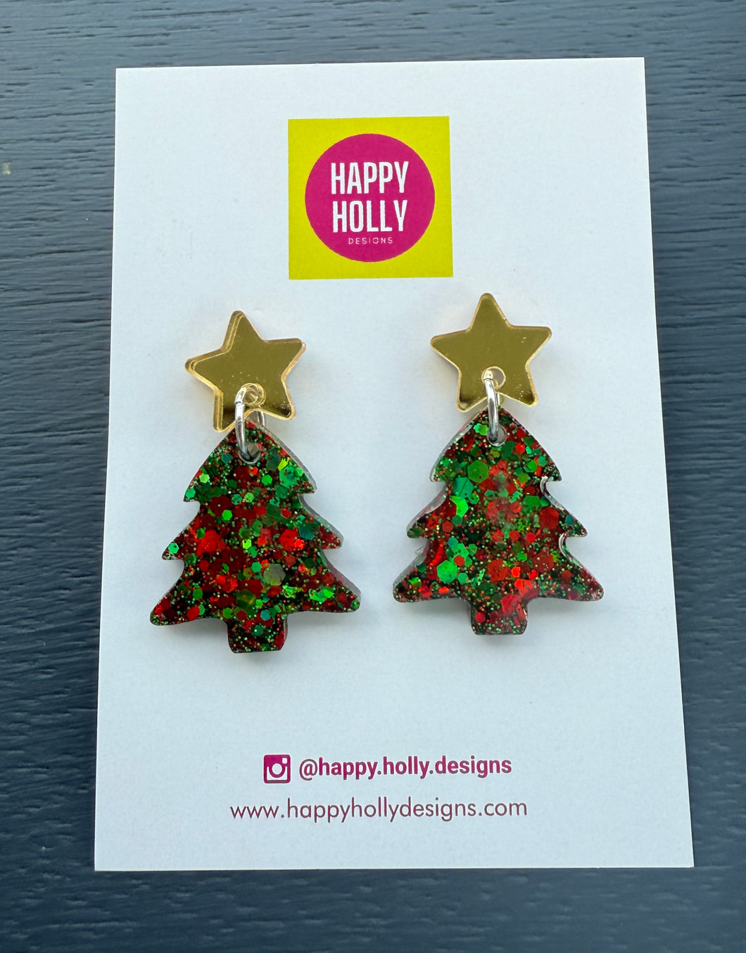 Christmas tree dangle earrings -red/green glitter tree