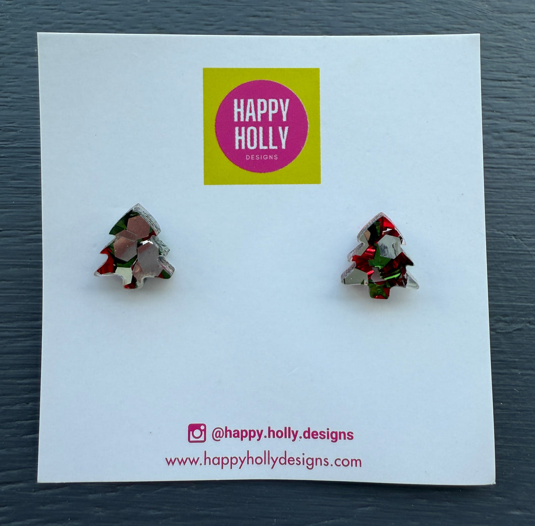 Christmas tree mini stud earrings - red/green/silver glitter