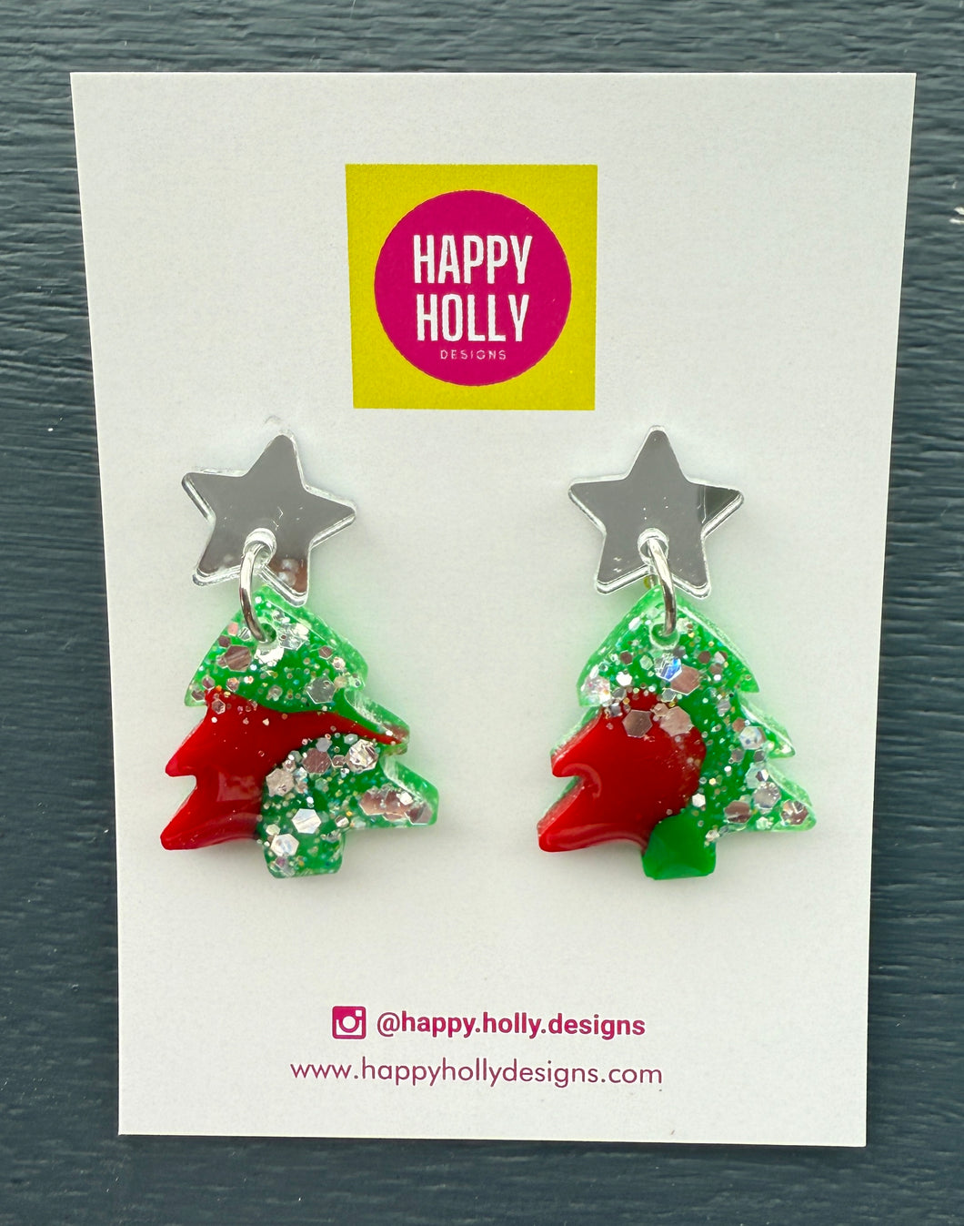 Christmas tree dangle earrings - red/green/silver tree