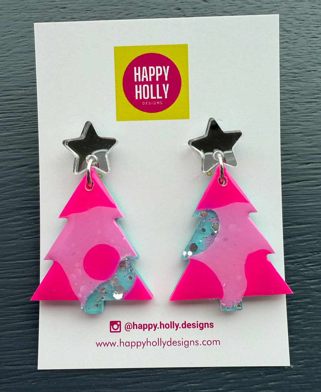 Christmas tree dangle earrings - pink/blue/silver tree