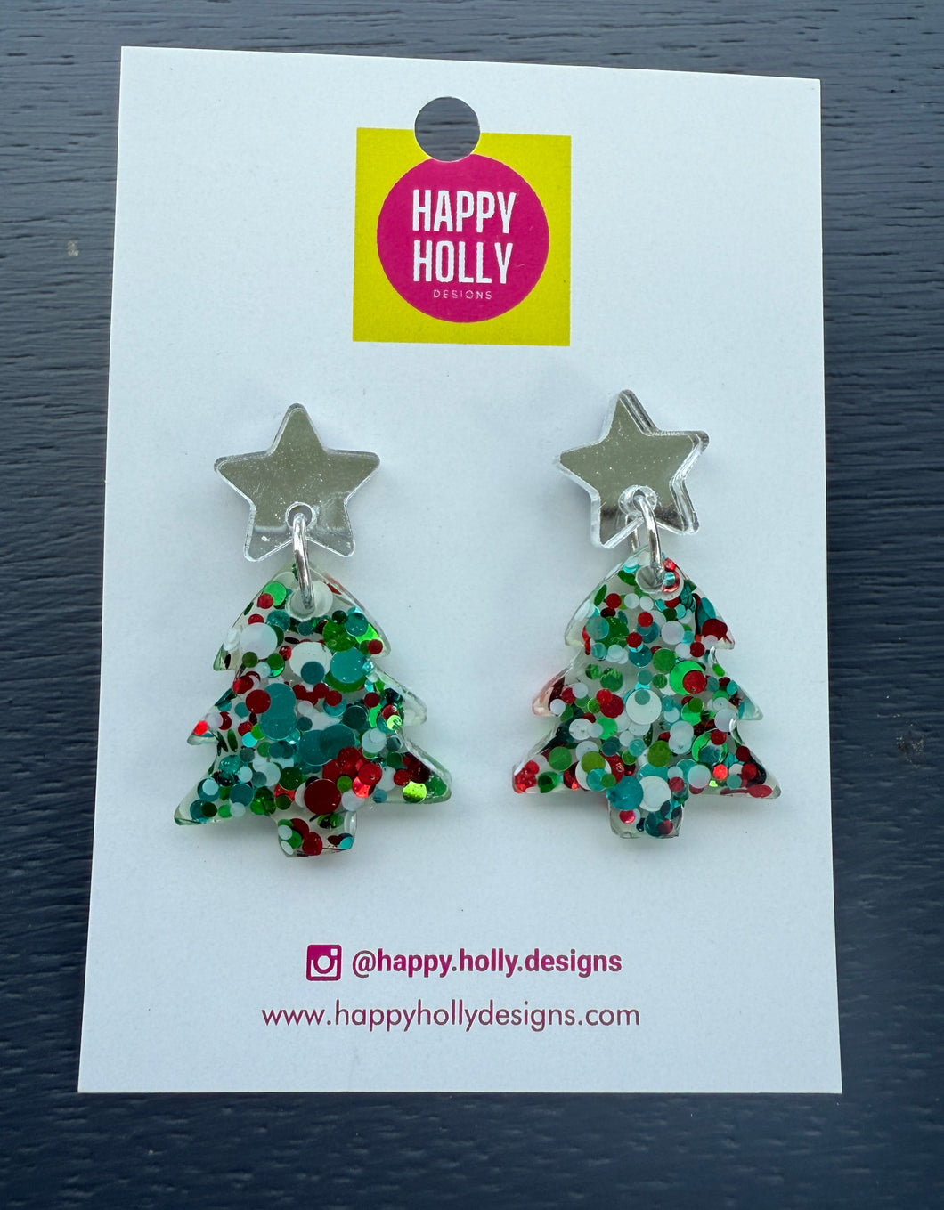 Christmas tree dangle earrings -red/green/white/blue glitter tree
