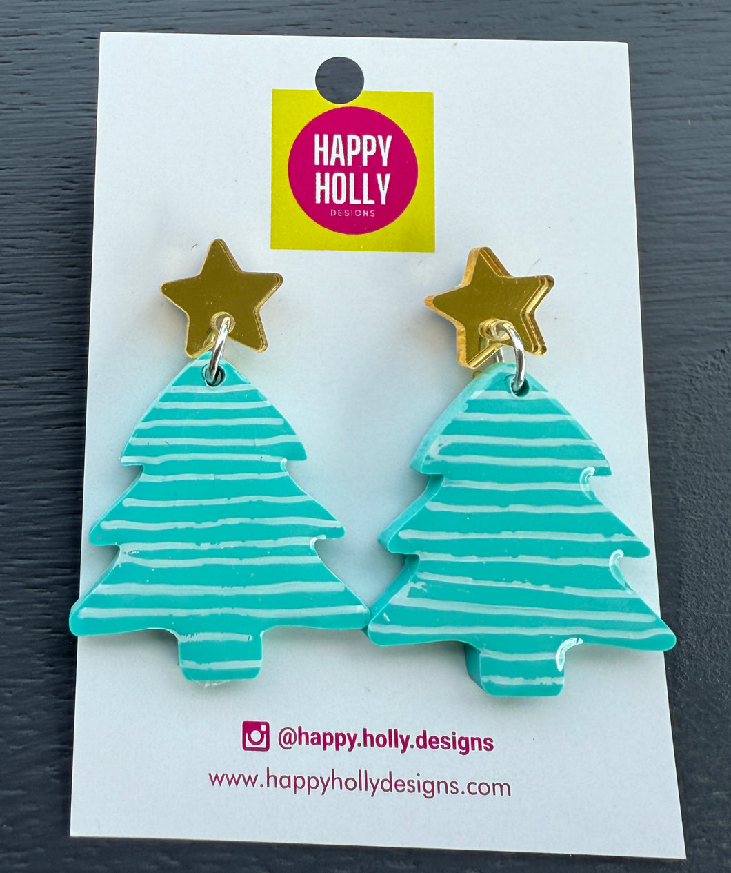 Christmas tree dangle earrings - aqua with white stripe tree