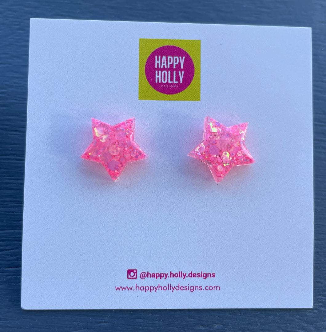 Star earrings 12mm - bright pink glitter