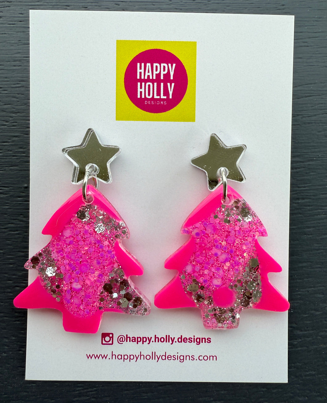 Christmas tree dangle earrings - silver/hot pink tree