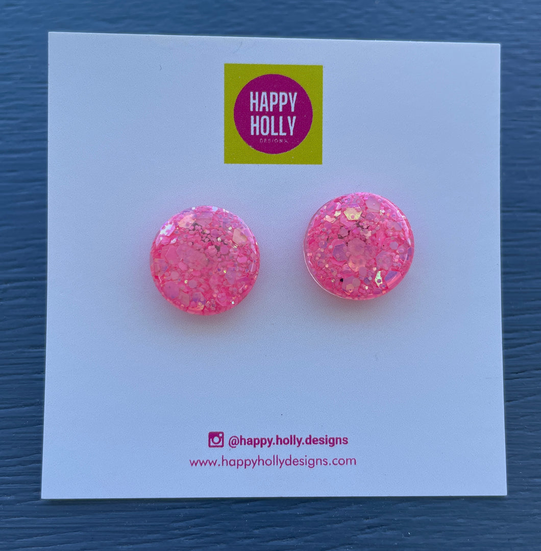 Round earrings 15mm - bright pink glitter