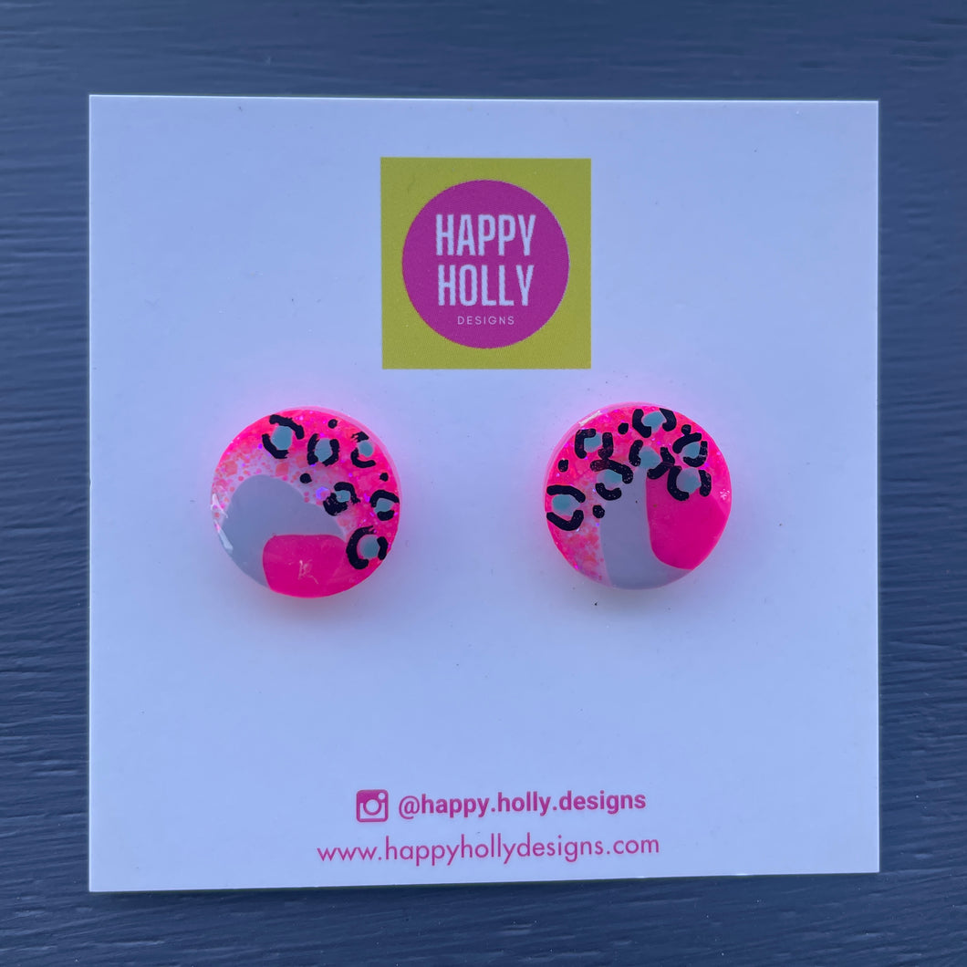 Round earrings 15mm - hot pink/pale blue & leopard print