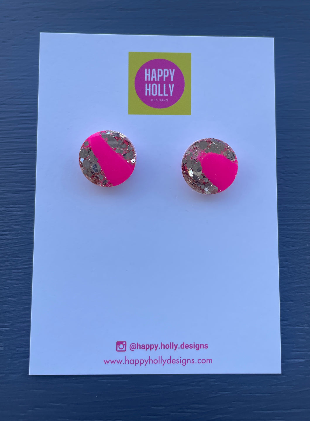 Round earrings 15mm - hot pink & gold glitter
