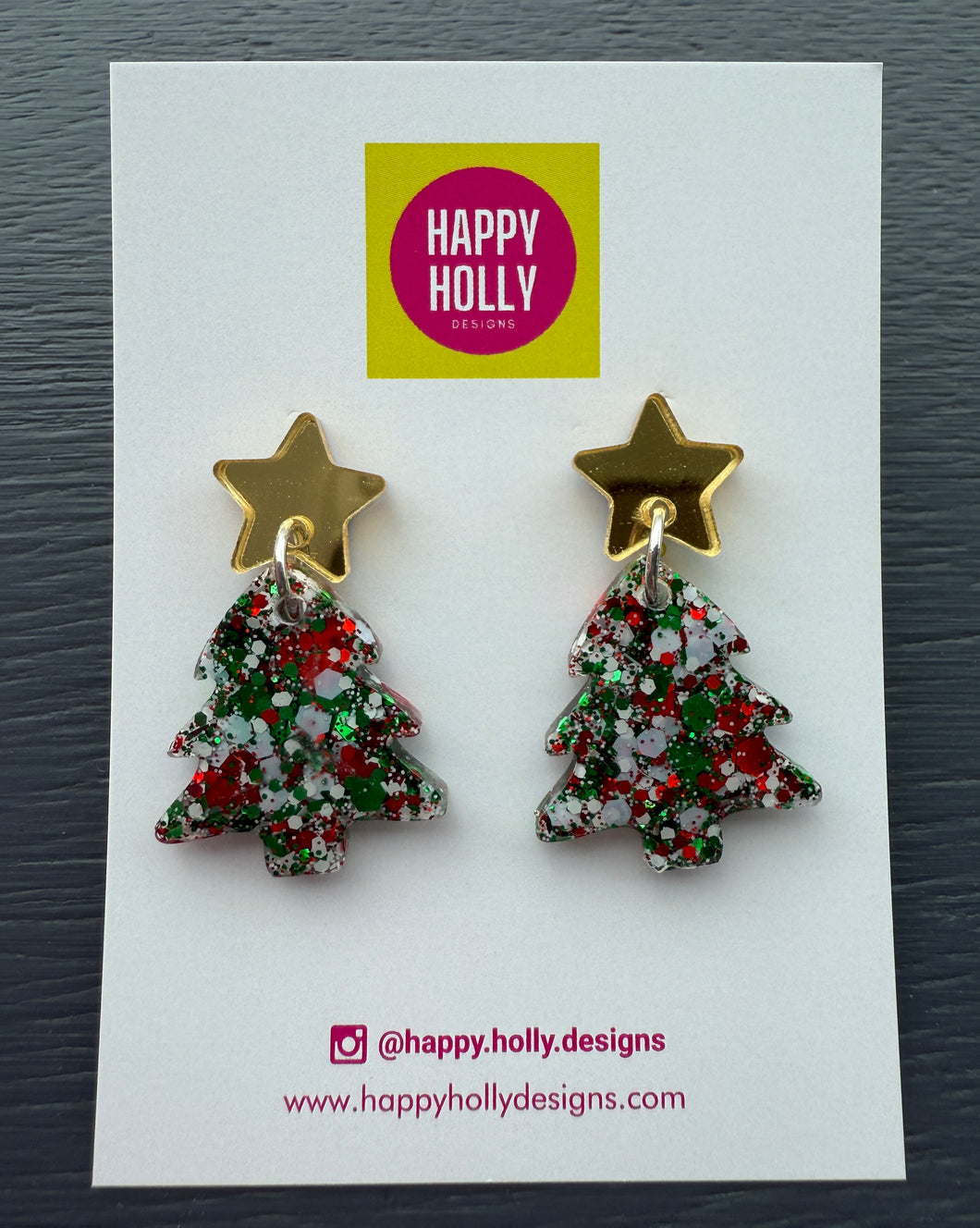 Christmas tree dangle earrings - red/green/white glitter tree