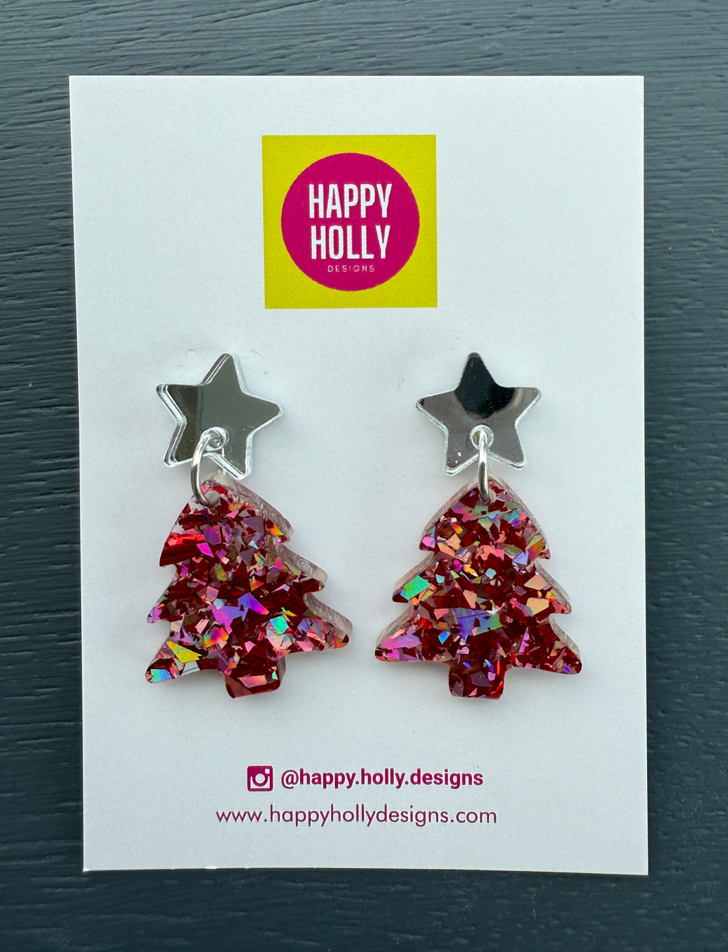 Christmas tree dangle earrings - red/pink/silver tree