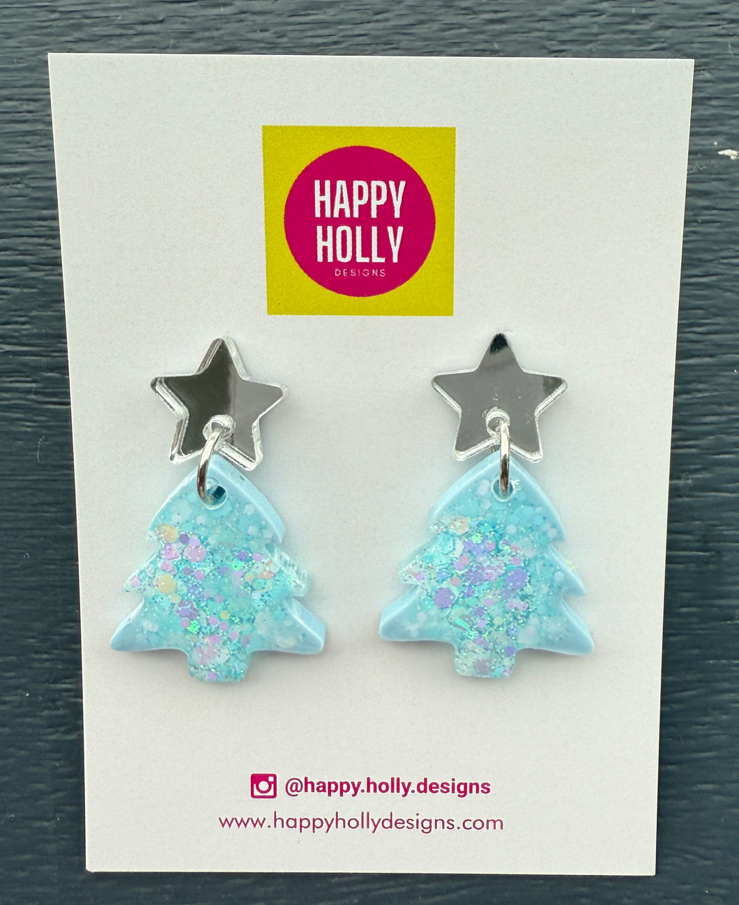 Christmas tree dangle earrings - pale blue glitter tree