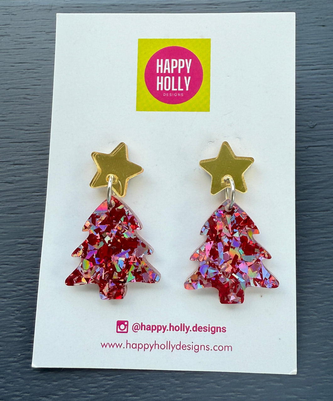 Christmas tree dangle earrings - pink/red glitter tree