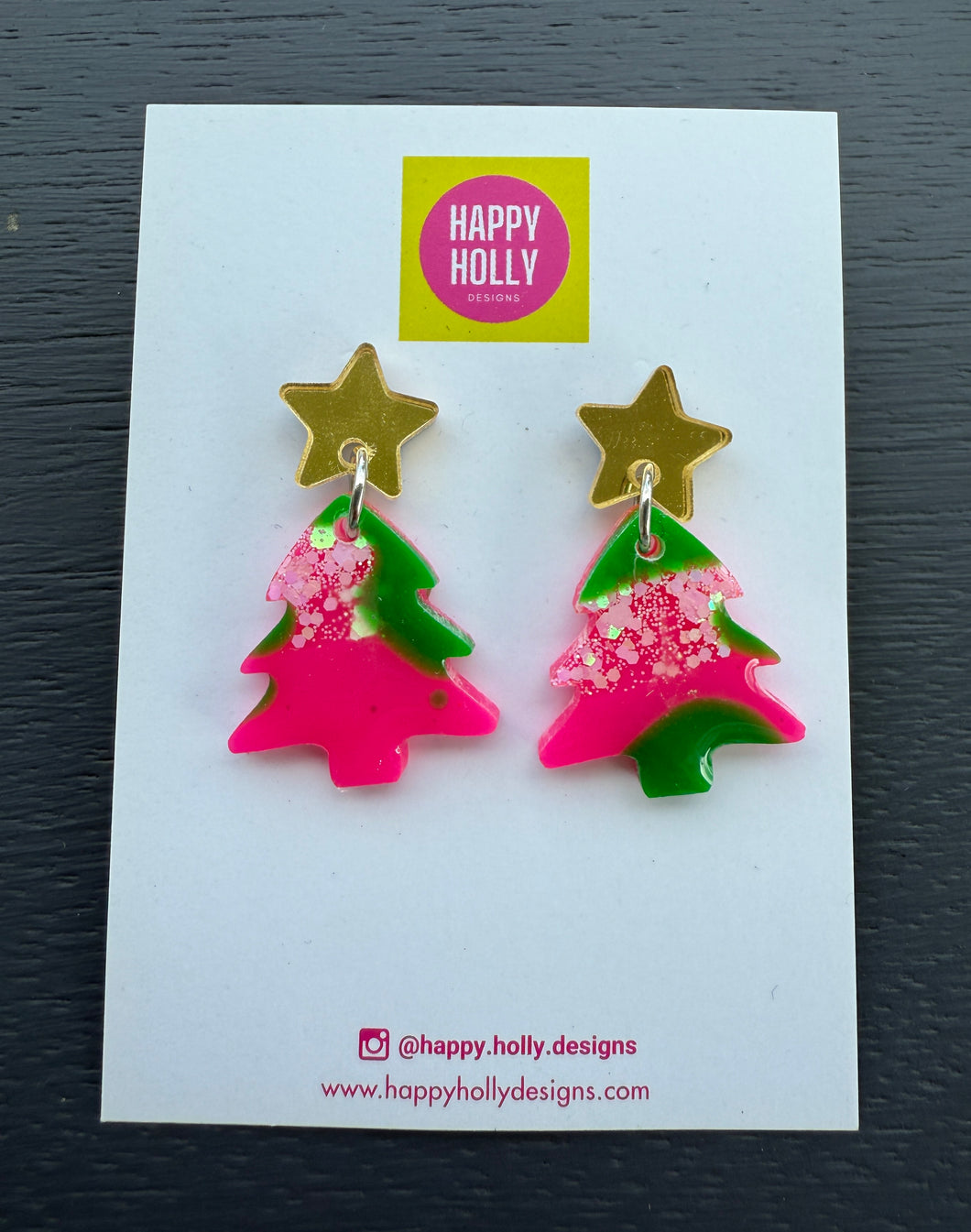 Christmas tree dangle earrings -pink/green glitter tree