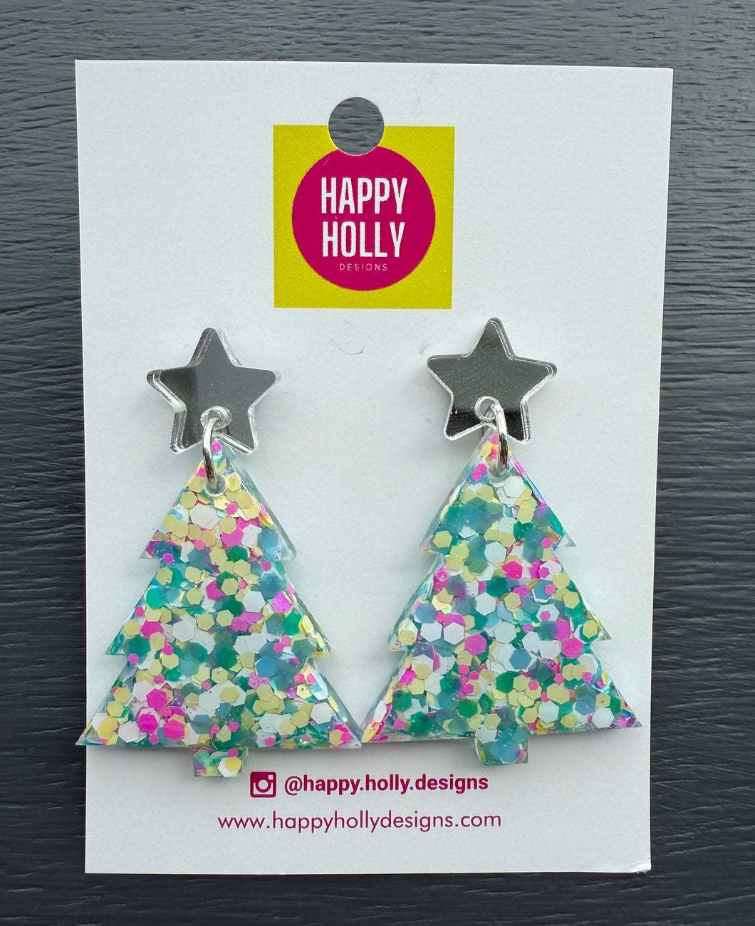 Christmas tree dangle earrings - multi pastel glitter tree