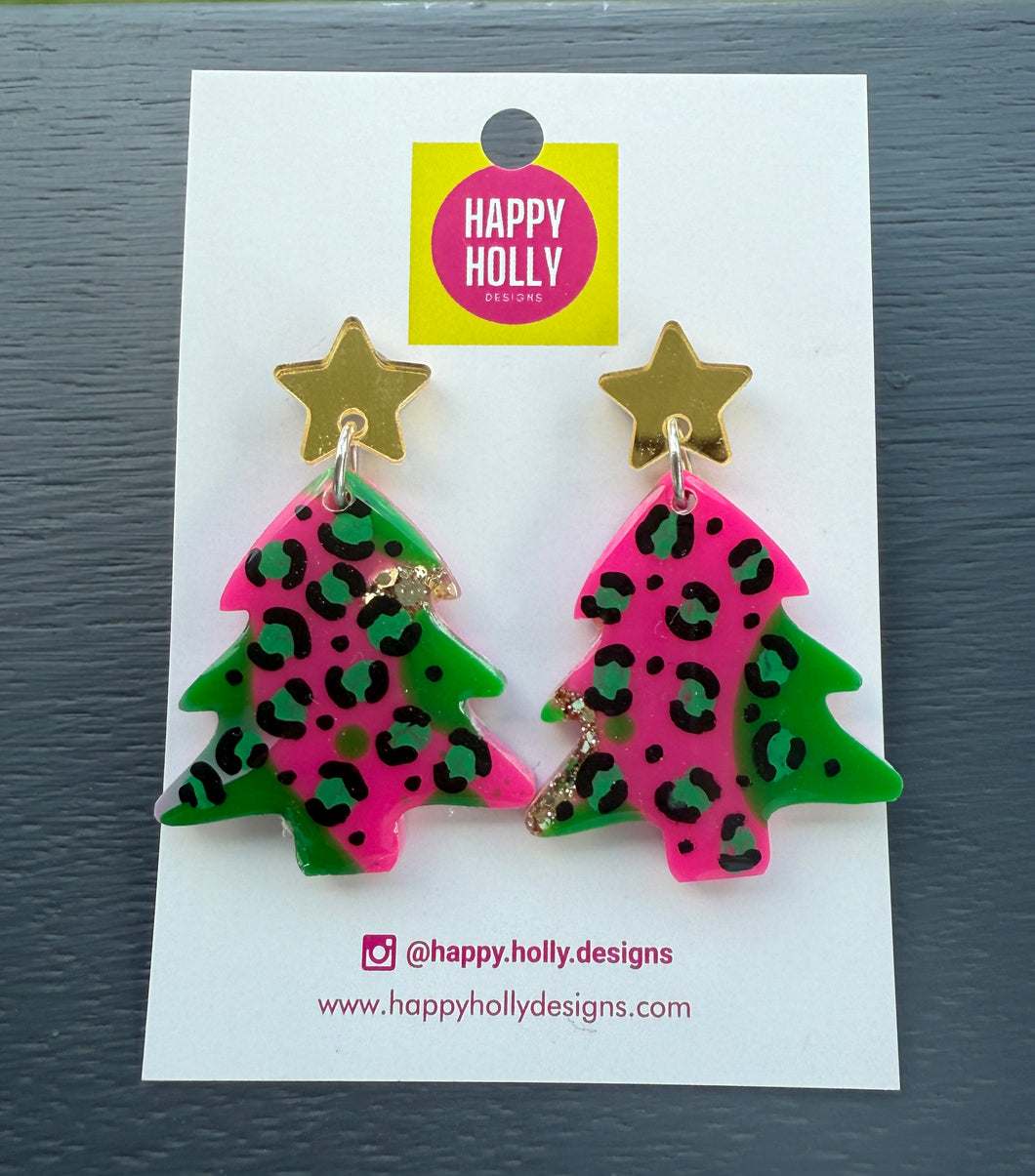 Christmas tree dangle earrings -pink/green leopard tree