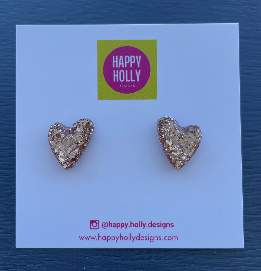 Assymetric heart earrings - gold glitter