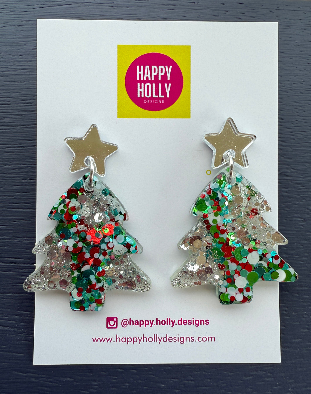 Christmas tree dangle earrings - silver/red/green/blue tree