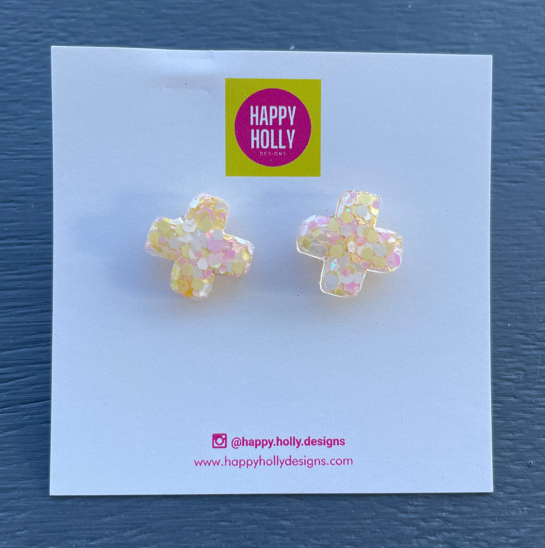 Cross earrings - pink/yellow/white glitter