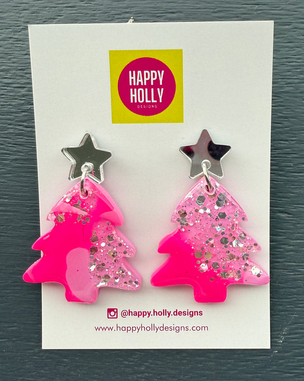 Christmas tree dangle earrings - silver/pink tree