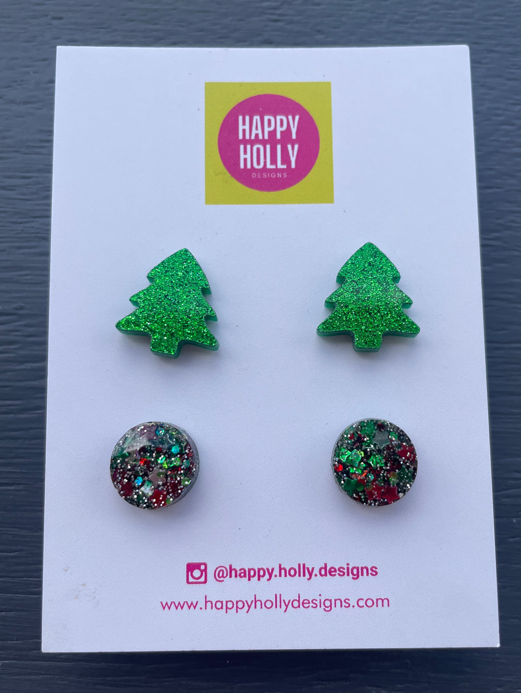 Christmas stud pack - green glitter trees & red/green/silver round