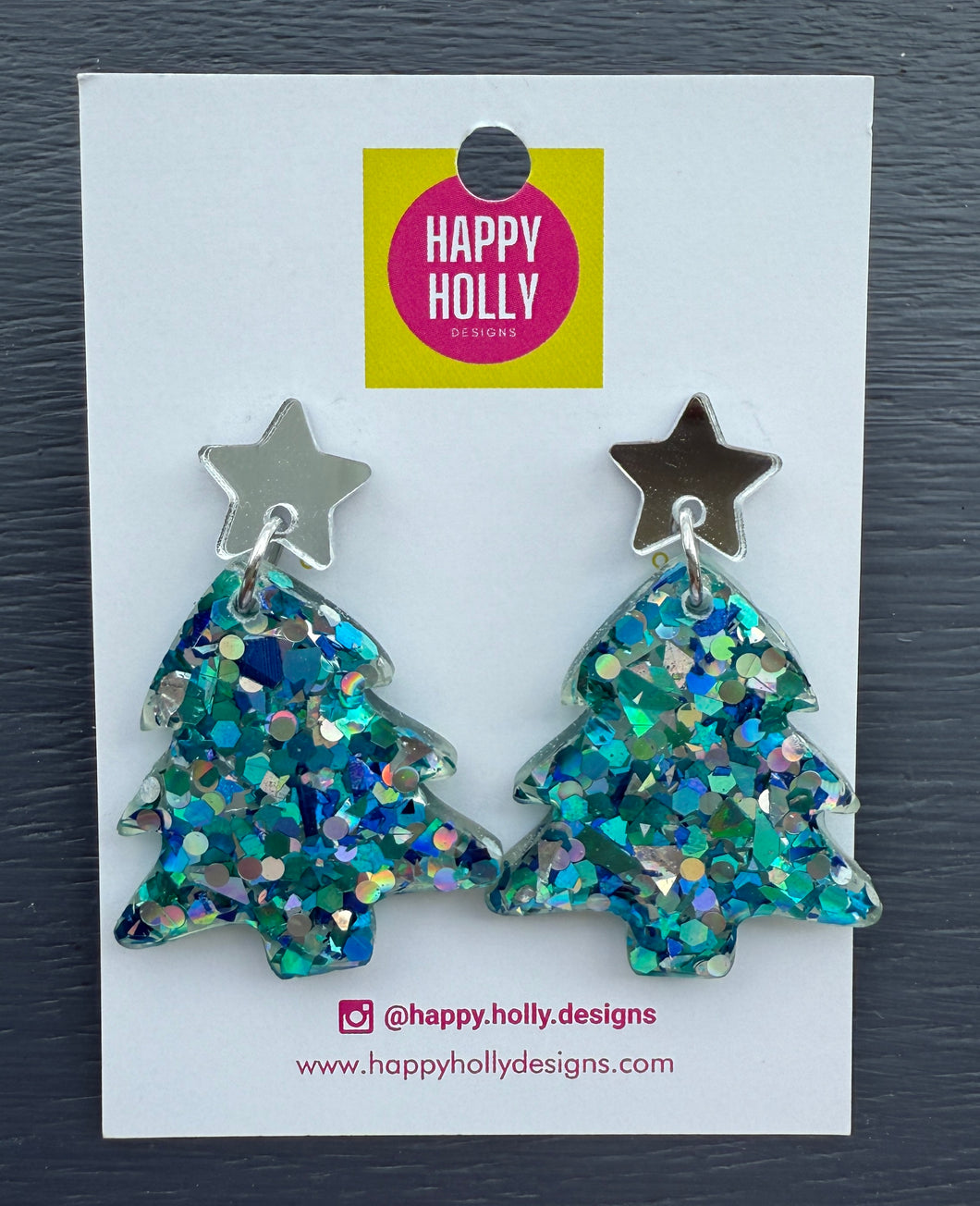 Christmas tree dangle earrings - blue/silver glitter tree