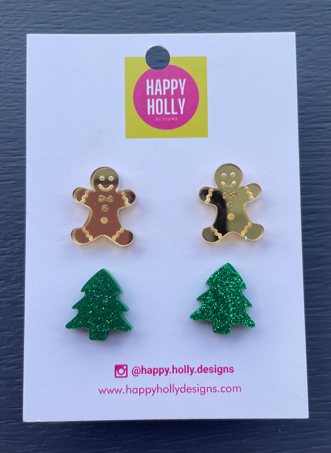 Christmas stud pack - gold gingerbread men & green glitter trees