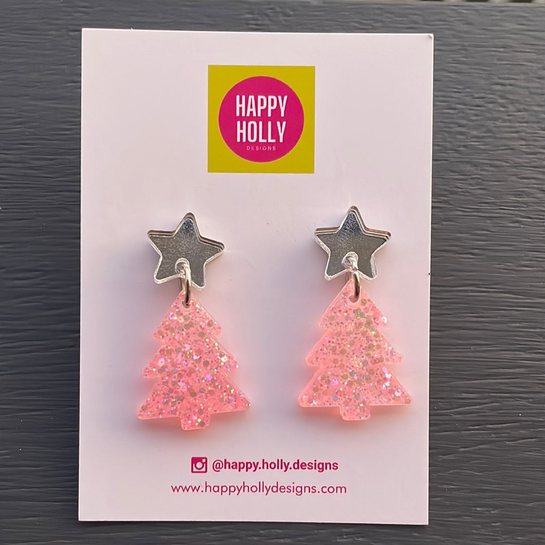 Christmas tree dangle earrings - pale pink tree