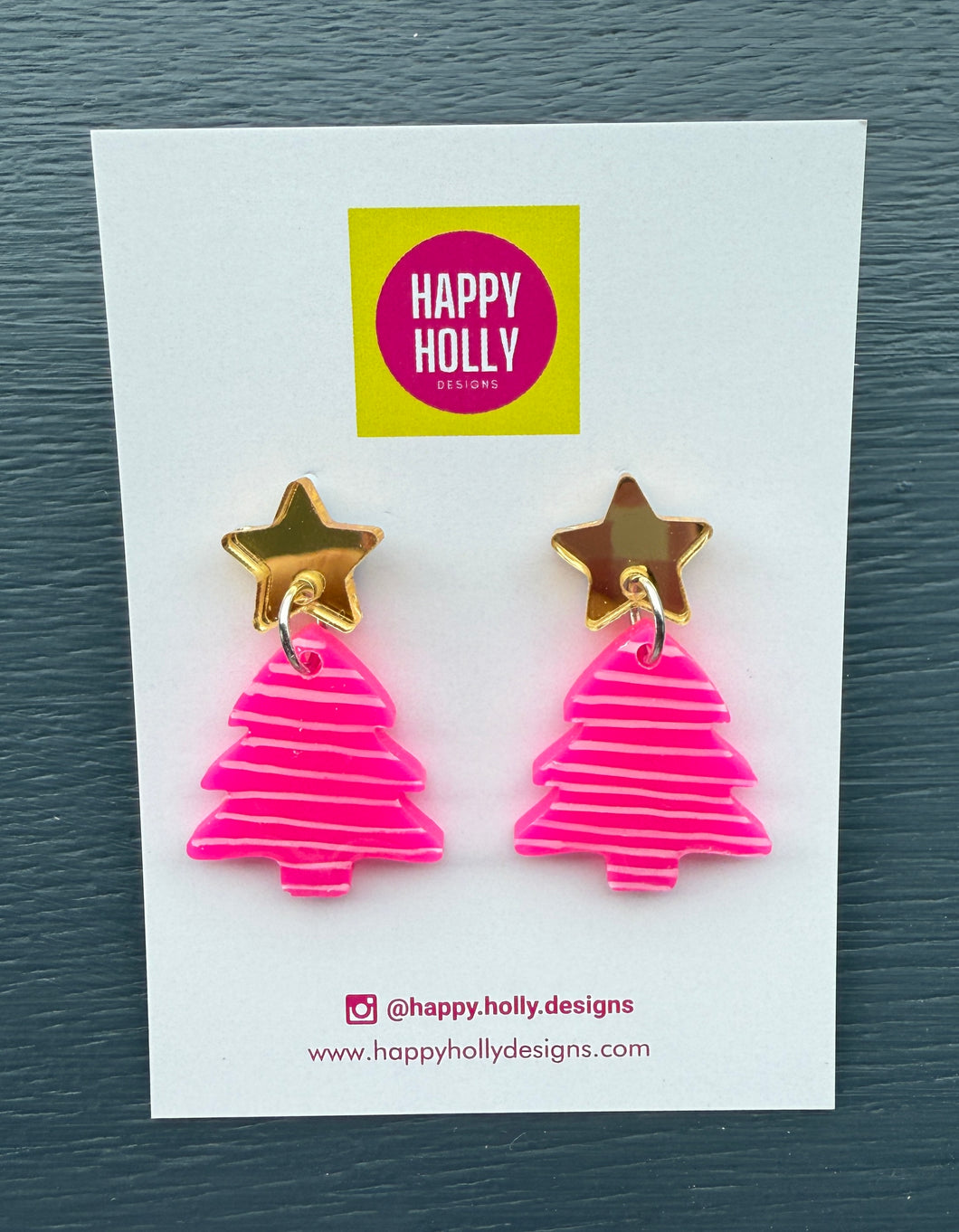 Christmas tree dangle earrings -hot pink with white stripes tree