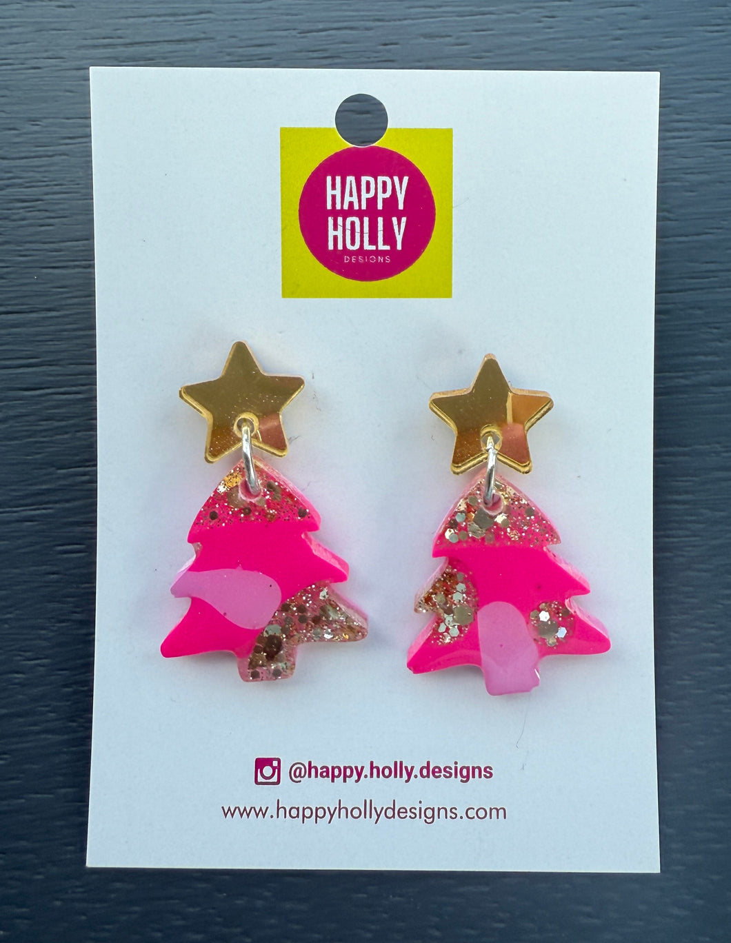 Christmas tree dangle earrings -pink/gold glitter tree