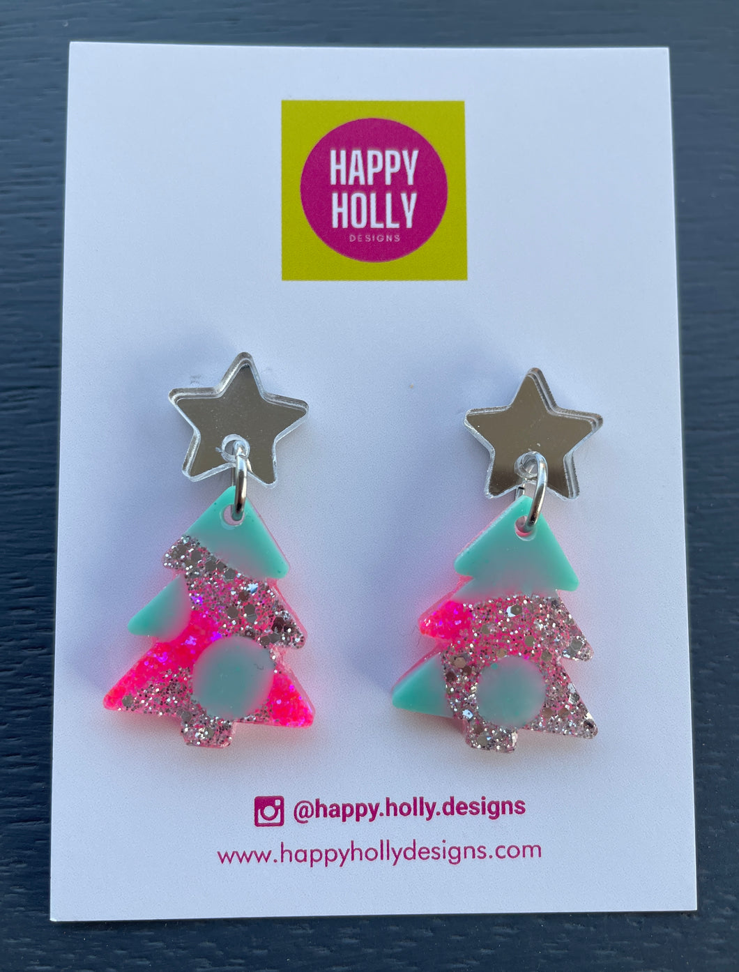 Christmas tree dangle earrings - silver/pink/aqua tree