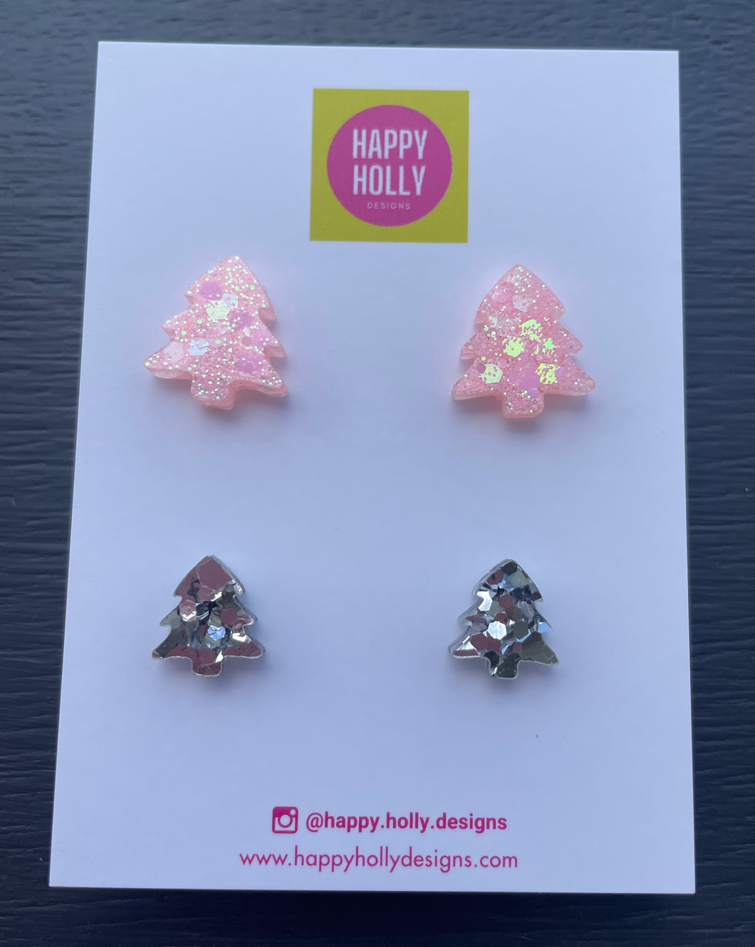 Christmas stud pack - pale pink glitter trees & mini silver glitter trees