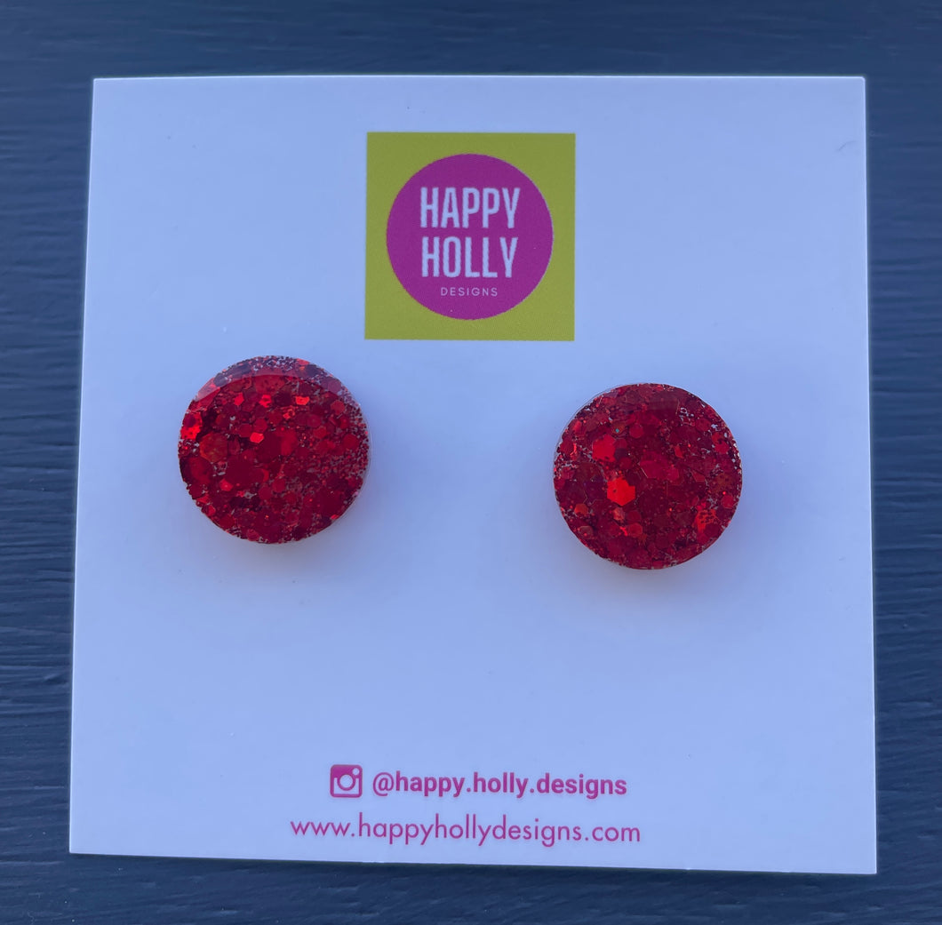 Round earrings 15mm  - red glitter