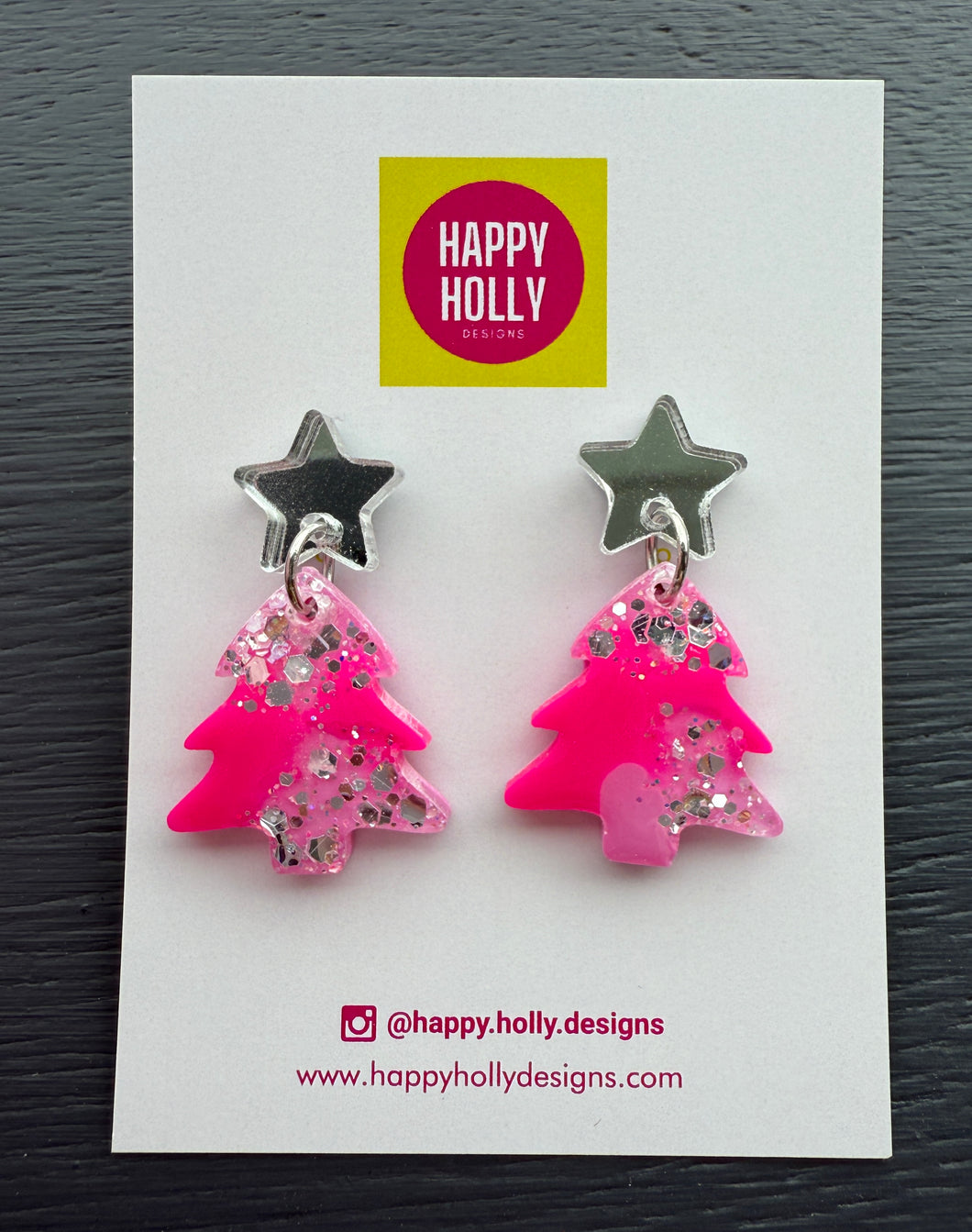 Christmas tree dangle earrings - hot pink/pale pink/silver tree