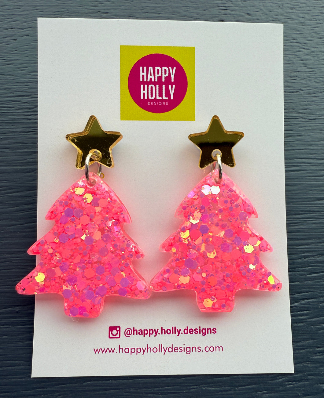 Christmas tree dangle earrings - bright pink/orange glitter tree