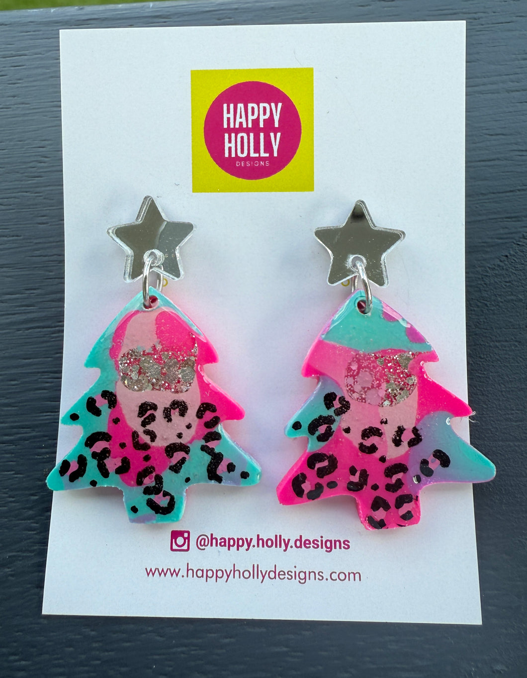 Christmas tree dangle earrings -pink/blue/silver leopard tree