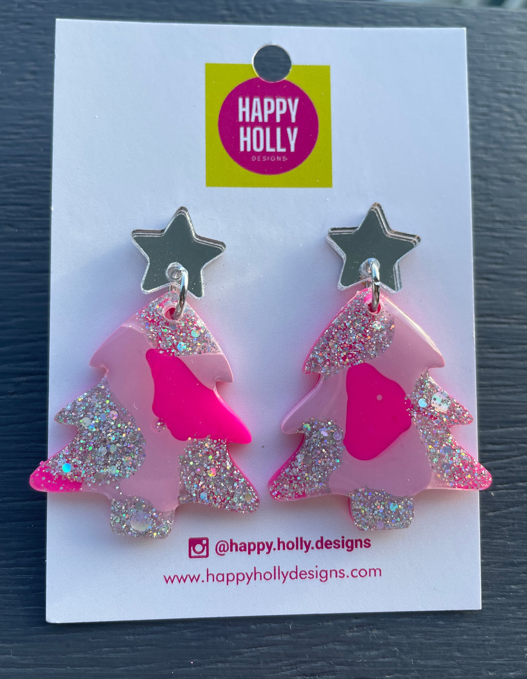 Christmas tree dangle earrings - pink/silver tree