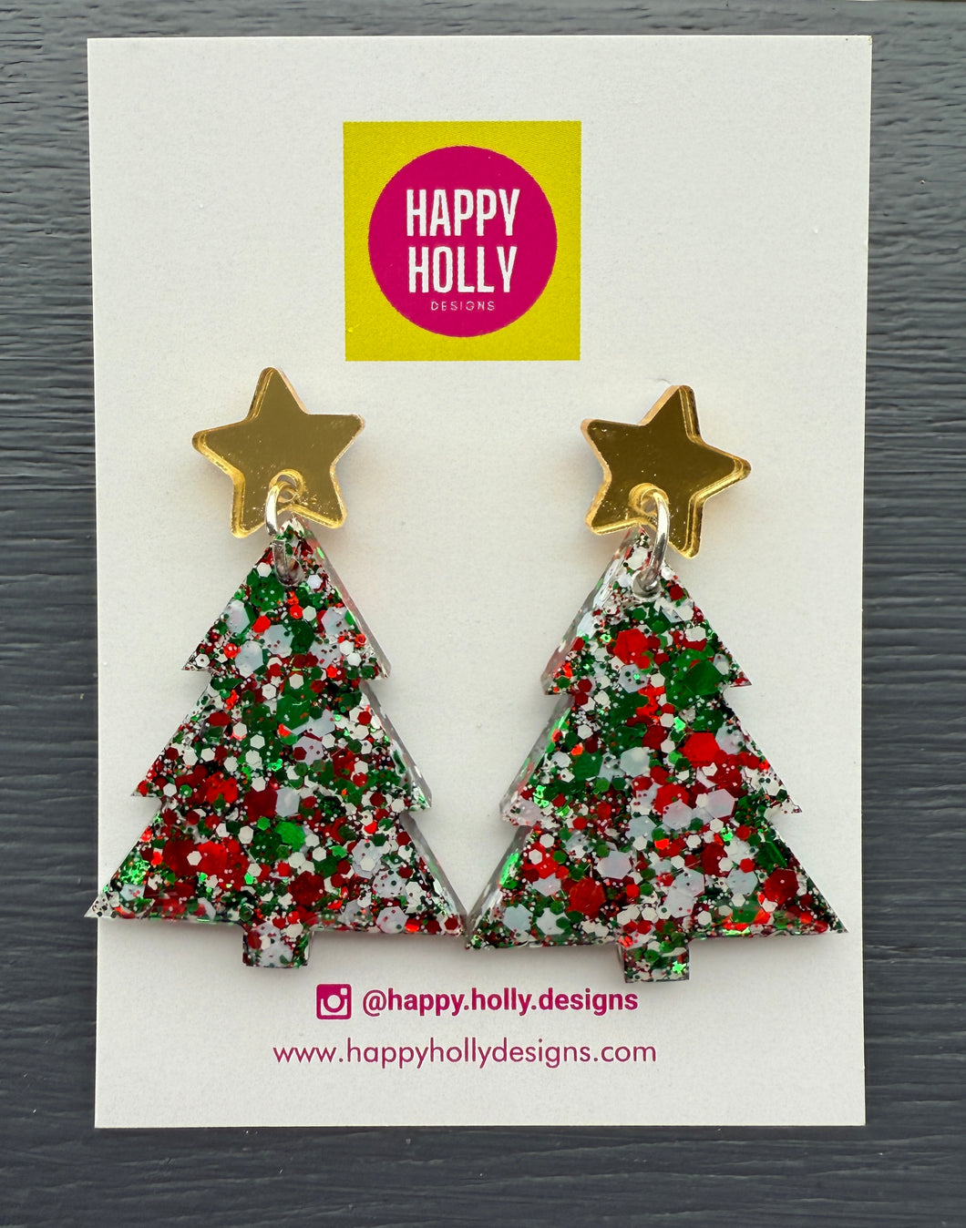 Christmas tree dangle earrings -red/green/white glitter tree