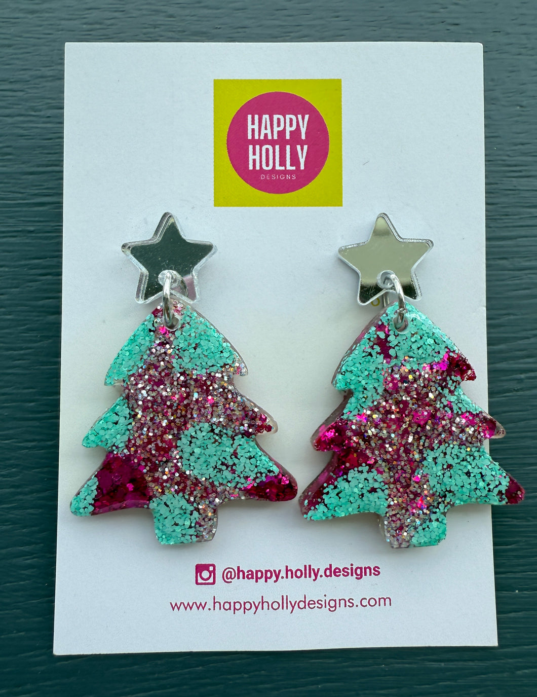 Christmas tree dangle earrings - hot pink/aqua/silver tree