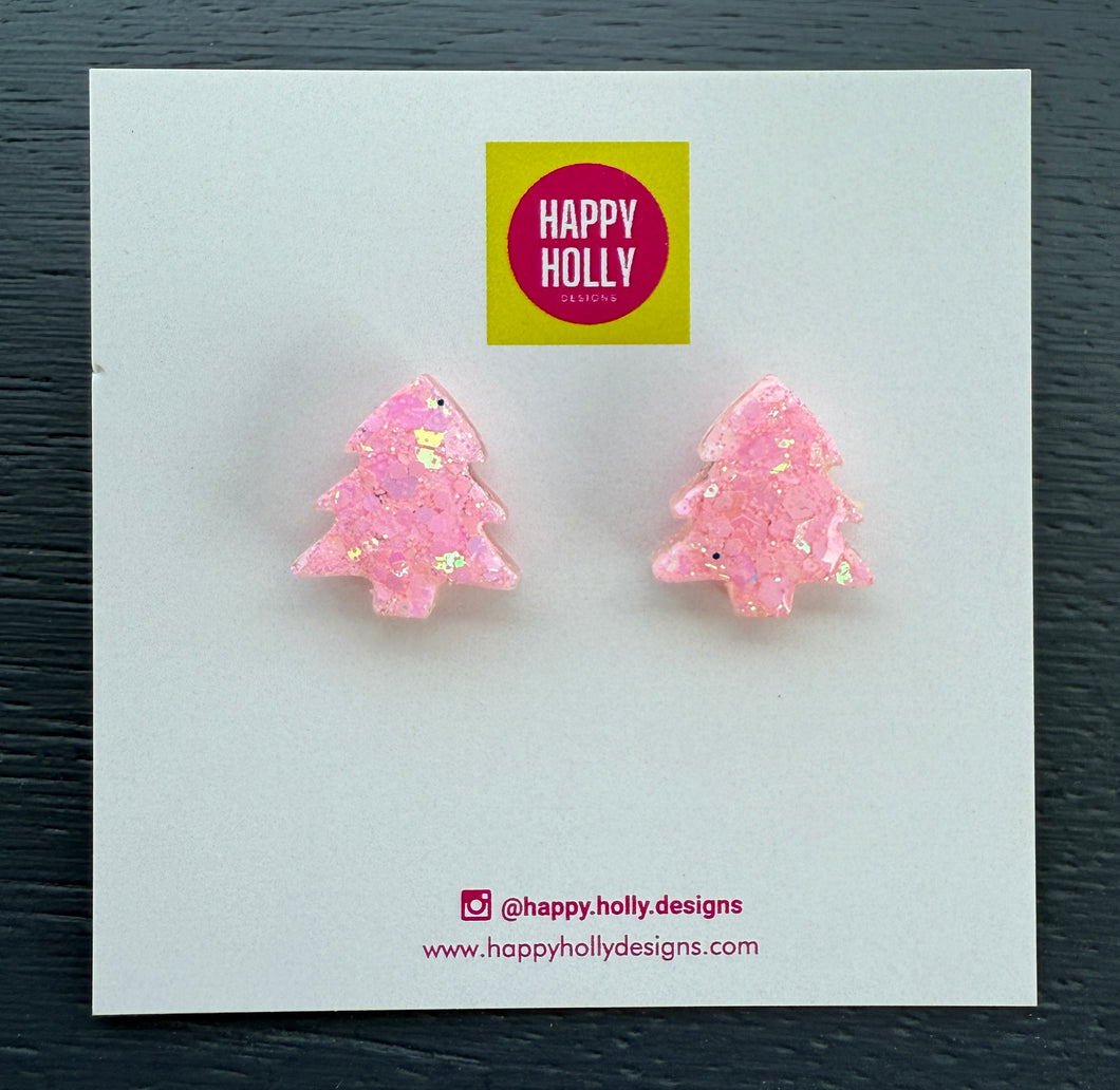 Christmas tree earrings - pale pink glitter