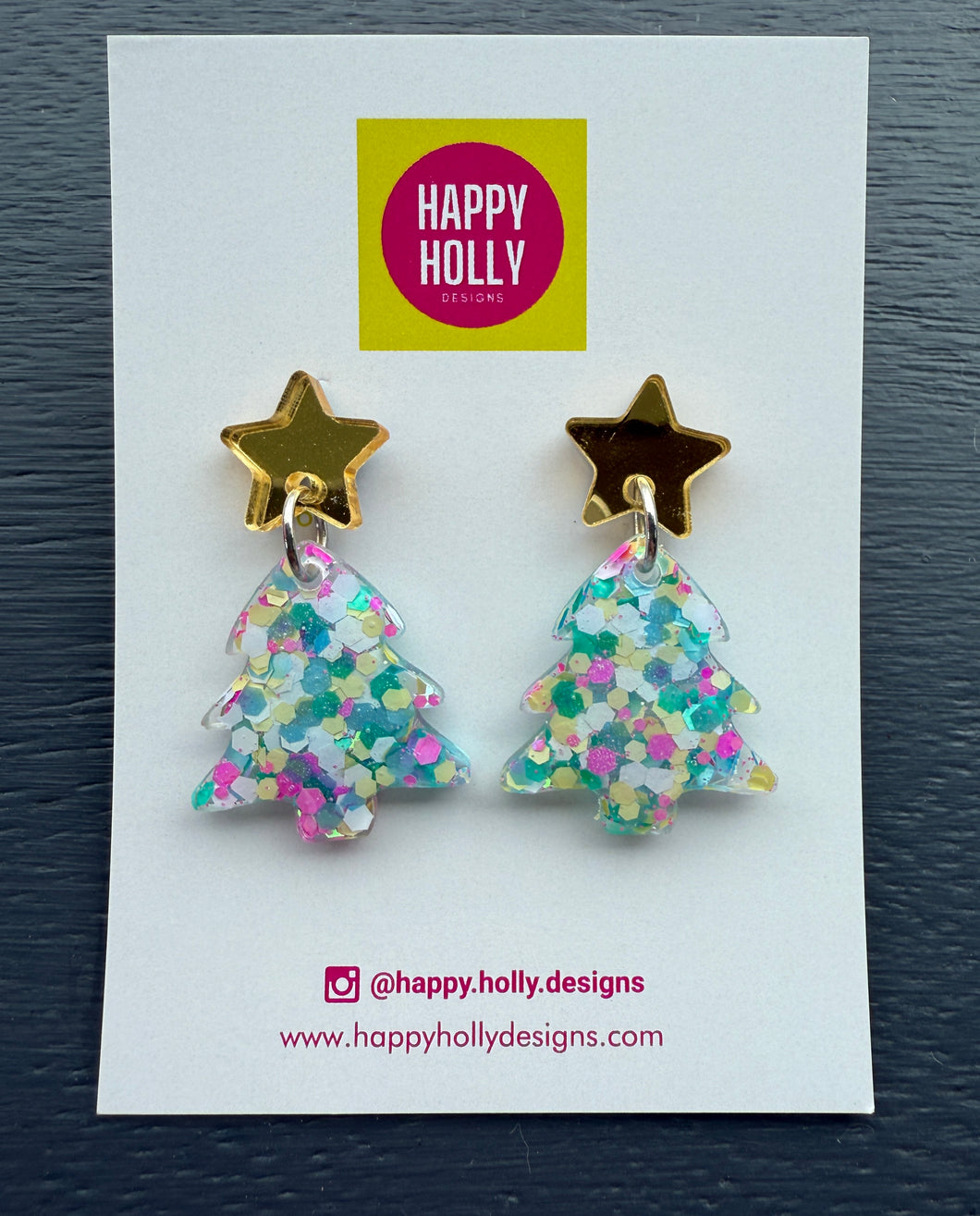 Christmas tree dangle earrings - multi colour glitter tree