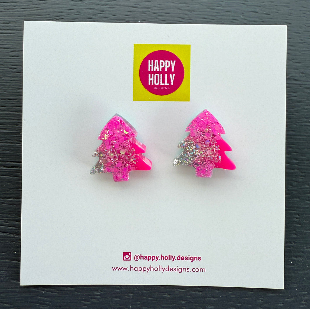 Christmas tree earrings - pink & silver glitter